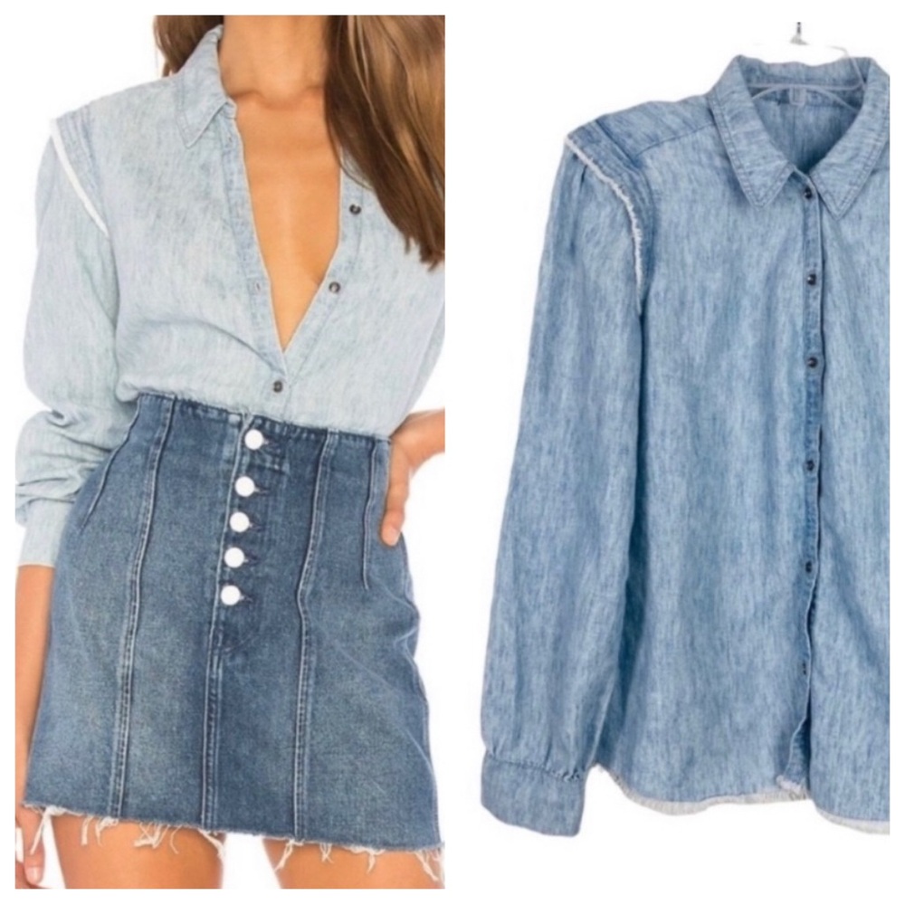 Revolve PAIGE Alia Light Wash Linen Chambray Jeans  Button Down Shirt S